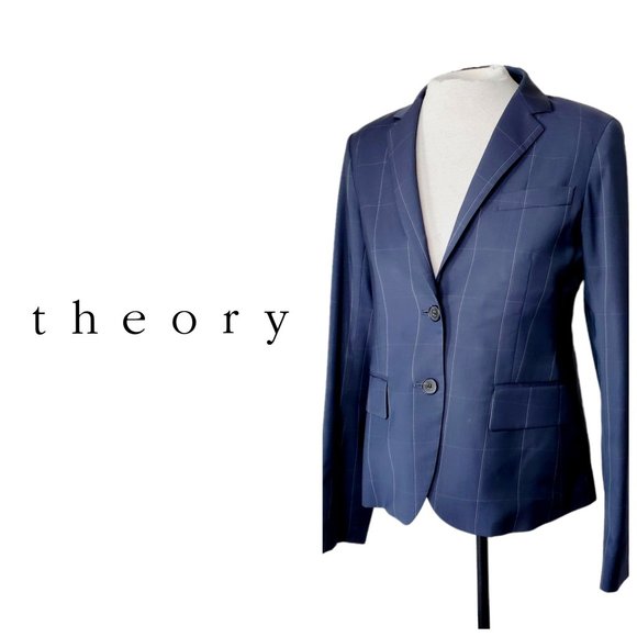 Theory Blazer Wool Check Work Career Preppy Sophisticated Academia Navy 8 - Picture 1 of 11